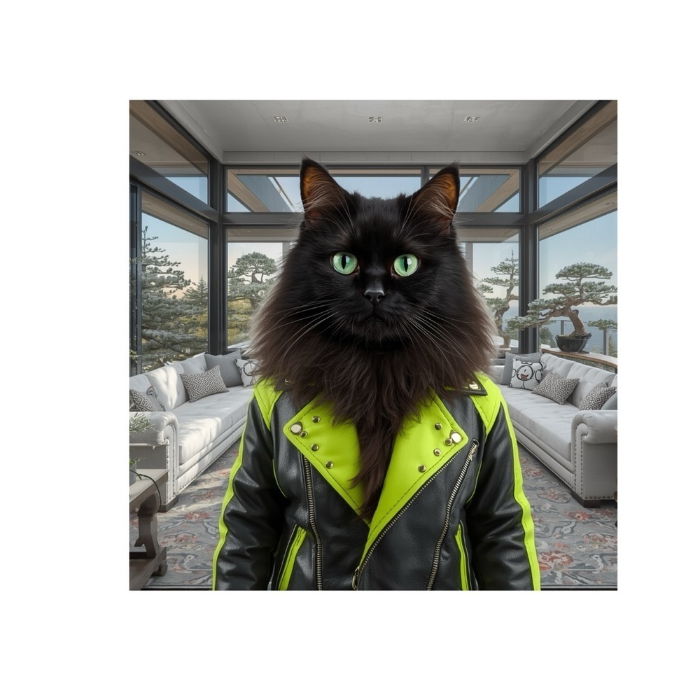 HANDCRAFTED digital art Vibrant Black and Neon Green Cat in Jacket print poster